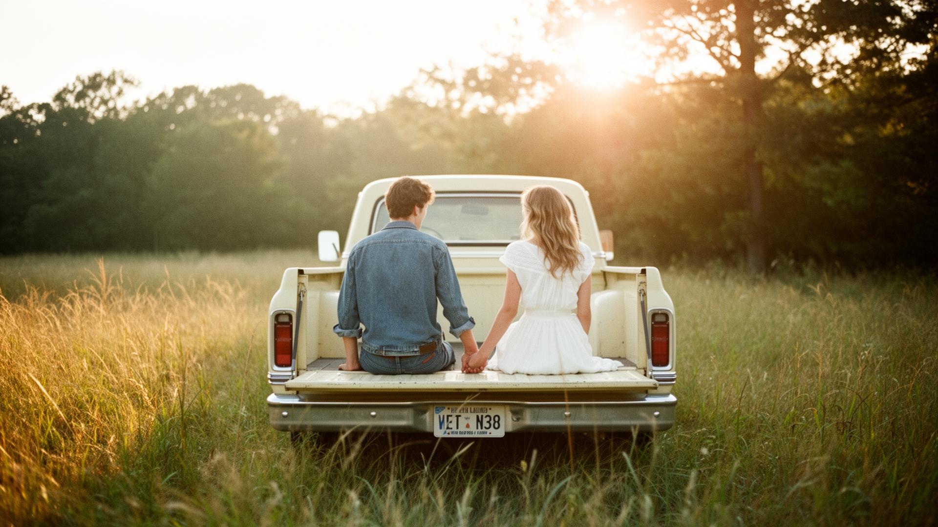 Couple on the tailgate of the vintage truck under string lights at golden hour